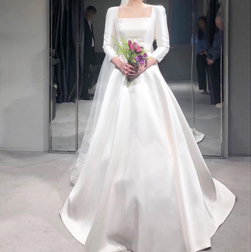 Boho-웨딩 드레스, 아이보리 a라인 3 쿼터 슬리브 웨딩 드레스, 2020 년 상품, 새틴 롱 스퀘어 칼라 넥, 심플한 가운, 드 마리에